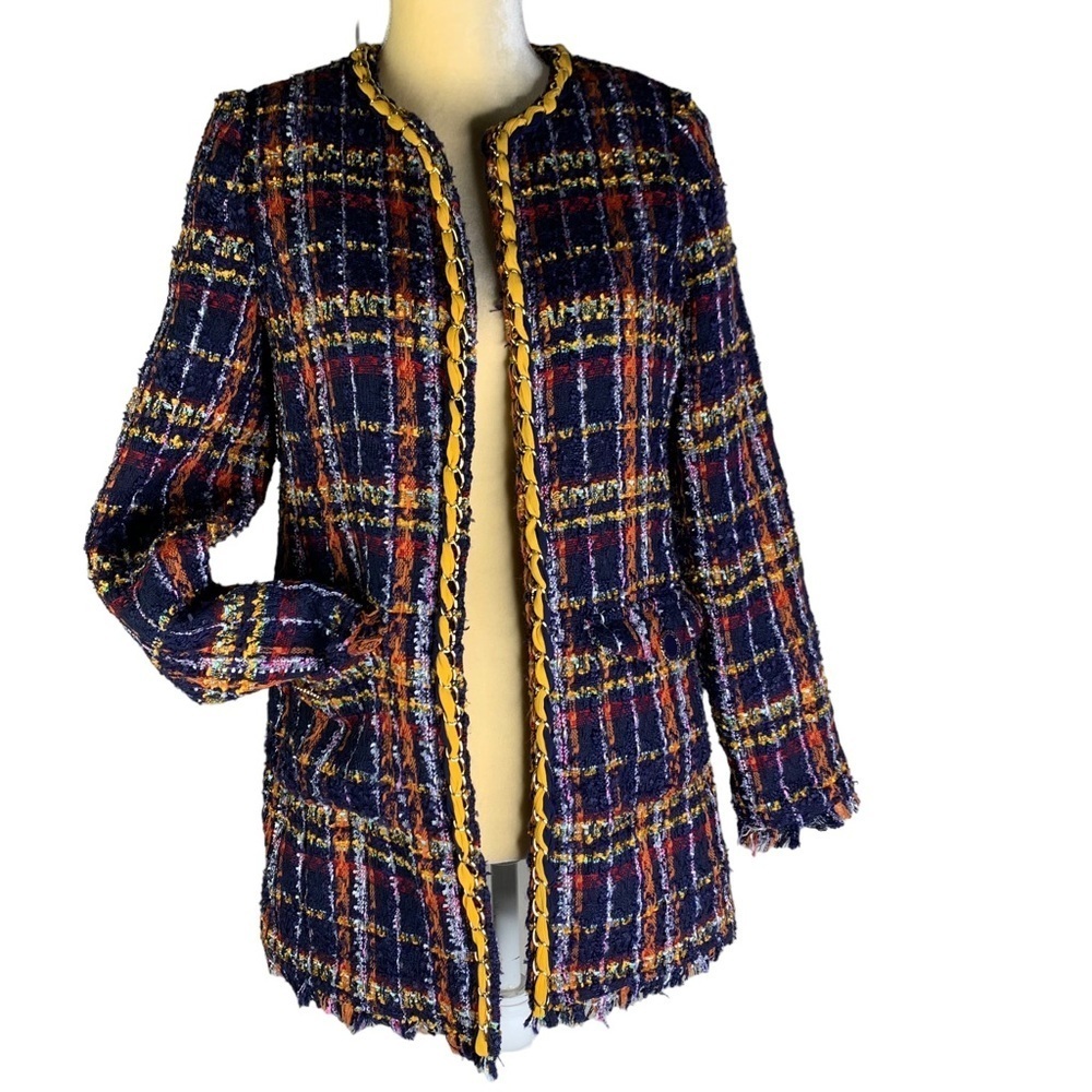 Chico’s Jewel Toned Multi Colored  Frayed Hem Lined Polyester Blend Tweed Blazer